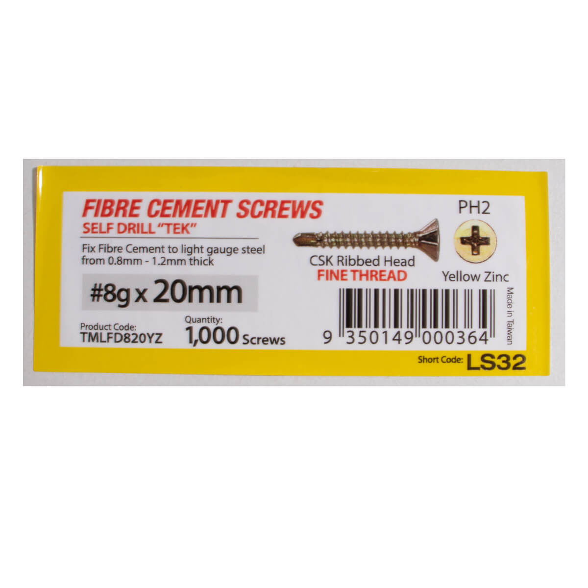 Screws 20mmx8g Loose Self Drill Fine CSK 1000 (TMLFD820YZ)