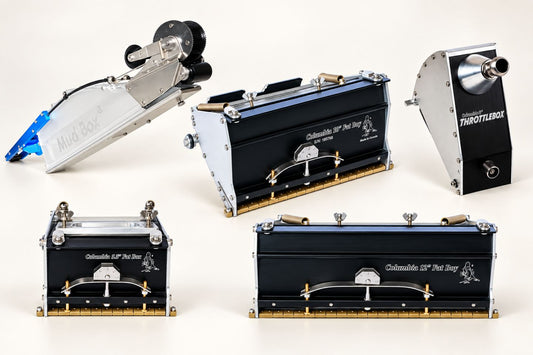 Five plastering boxes and drywall flat boxes showing different types and sizes of taping and finishing tools