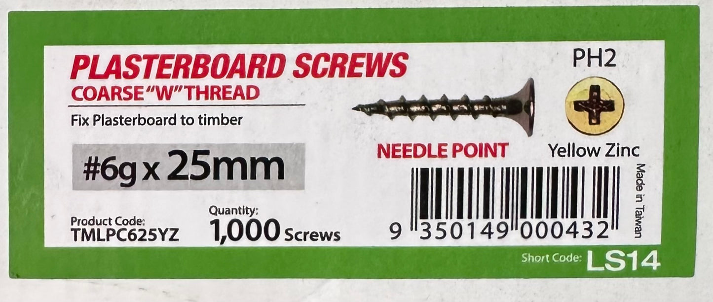 Screws 25mmx6g Loose Coarse Needle 1000 (TMLPC625YZ)