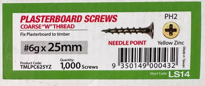 Screws 25mmx6g Loose Coarse Needle 1000 (TMLPC625YZ)