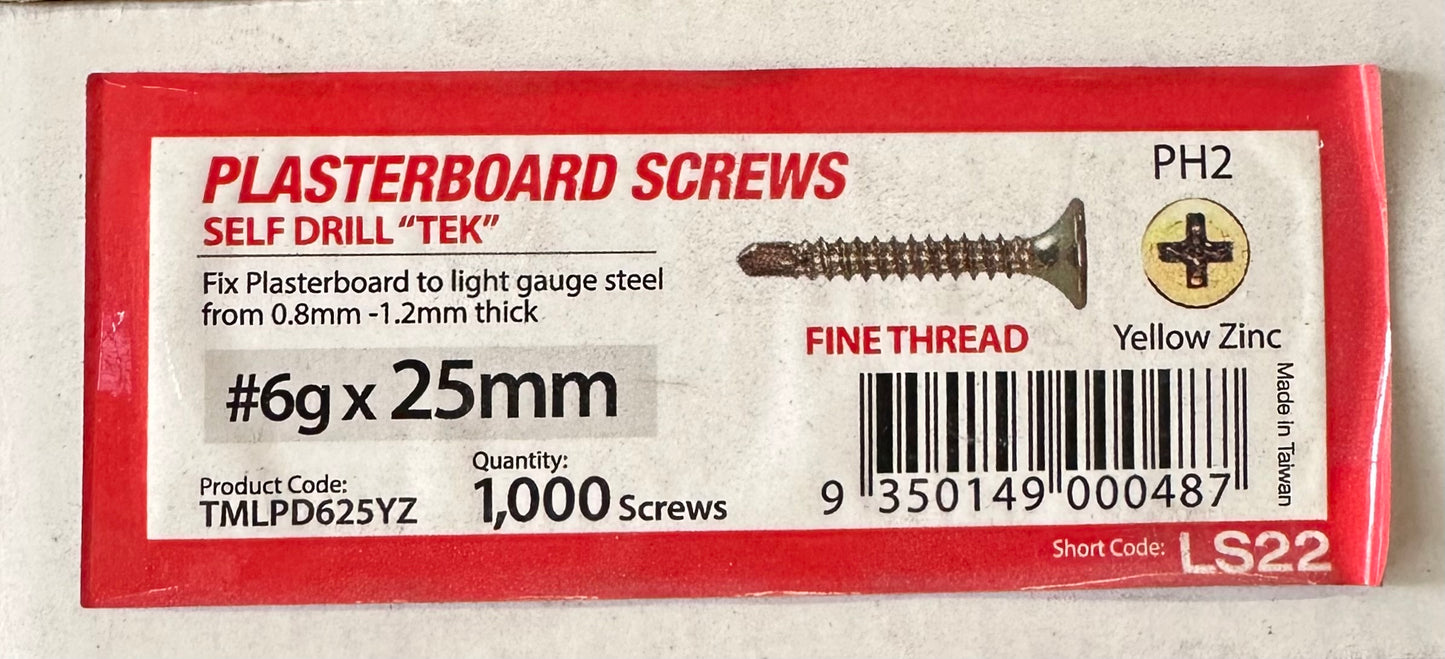 Screws 25mmx6g Loose Fine Self Drill 1000 (TMLPD625YZ)